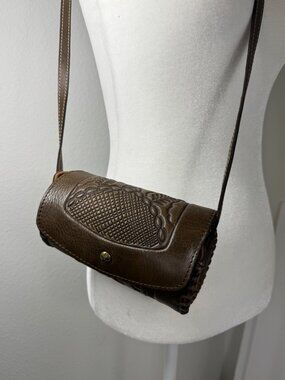 Patricia Nash Crossbody Bag Brown Leather Embossed Southwestern Style Cylinder